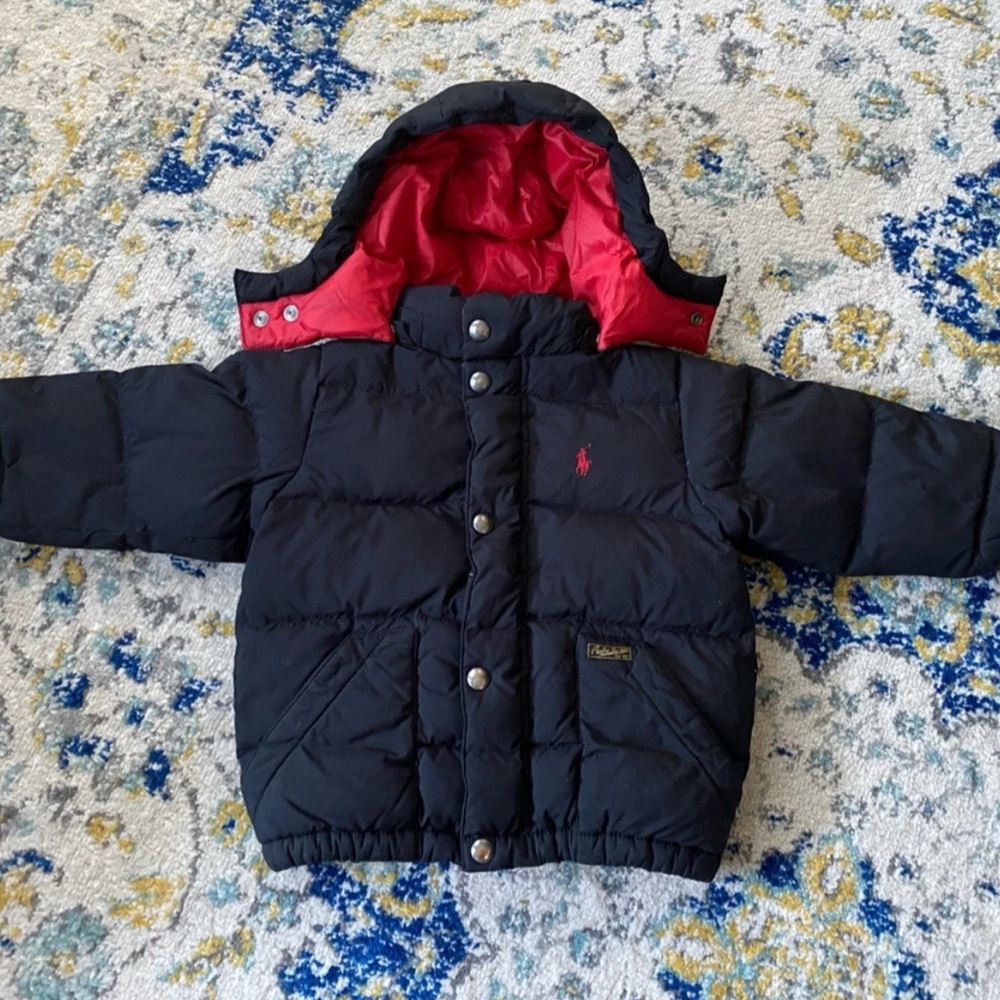 Ralph Lauren Navy and Red Hooded Puffer Jacket size 2T down feather